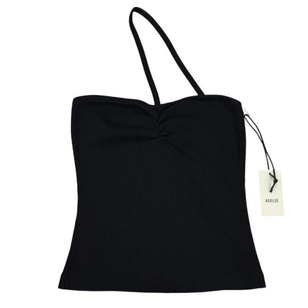 Agolde Lola Gathered Front Ruched Bodice Ribbed Tank In Black Small - Picture 3 of 8